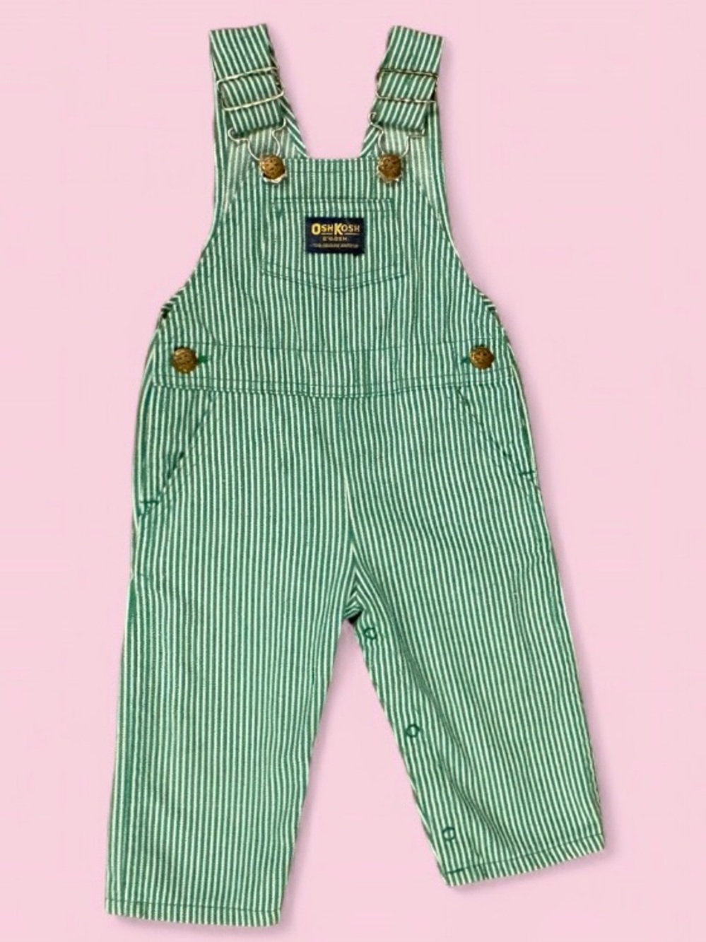 Vintage OshKosh B’gosh Made in USA Green Hickory Stripe Long Overalls Sz 18M